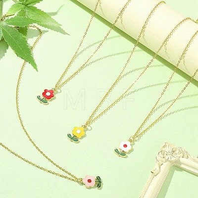 Zinc Alloy Enamel Flower Pendant Necklace with 304 Stainless Steel Cable Chains NJEW-JN04370-1