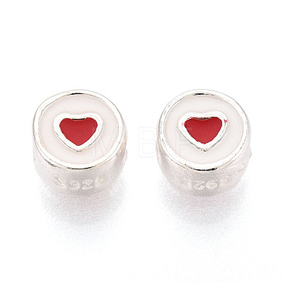 925 Sterling Silver Enamel Flat Round with Red Heart Beads STER-T009-22S-1