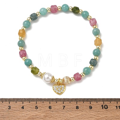 Brass Micro Pave Clear Cubic Zirconia Charm Natural Amazonite Round and Faceted Cube Multicolor Tourmaline Beaded Stretch Bracelets for Women BJEW-JB14378-03-1