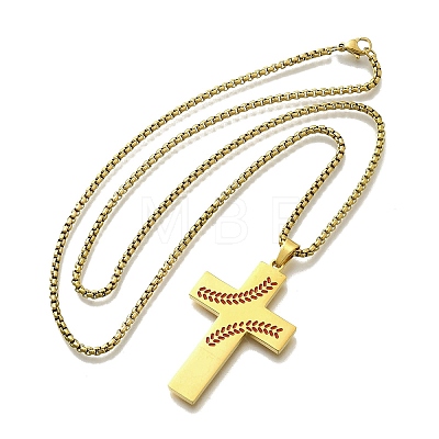 201 Stainless Steel Wheat Cross Pendant Box Chain Necklaces for Women Men NJEW-B124-01G-1