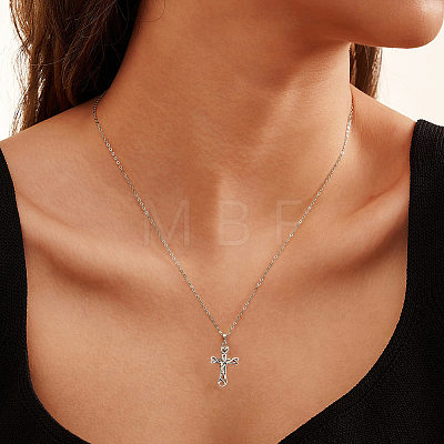 Rhodium Plated 925 Sterling Silver Knot Cross Pendant Necklaces for Women NJEW-F323-03P-1