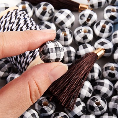 50Pcs Wooden Round Beads with Tartan Pattern sgDIY-SZ0003-11A-1