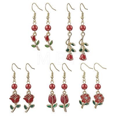 Valentine's Day Alloy Enamel Flower Dangle Earrings EJEW-JE06273-01-1