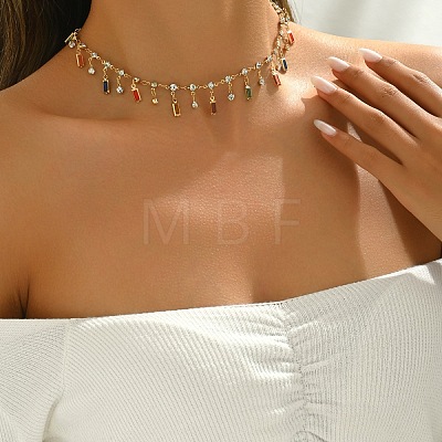 Brass Colorful Rhinestone Rainbow Rectangle Tassel Choker Necklaces for Women WG894E5-01-1