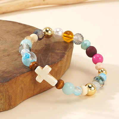 Synthetic Howlite & Glass & Plastic & Zinc Alloy & Brass & Wood Beads Stretch Bracelets for Women JJ5284-1