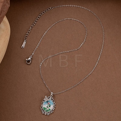 201 Stainless Steel Rhinestone and Enamel Colorful Oval with Butterfly Pendant Necklaces for Women FS-WGC8FD6-02-1
