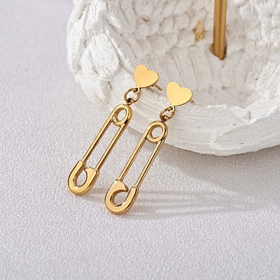 430 Stainless Steel Safety Pin Shape Dangle Stud Earrings for Women JE946A-1