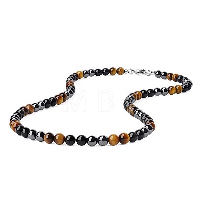 Synthetic Non-magnetic Hematite & Natural Tiger Eye & Obsidian Round Beaded Necklaces for Men YX5918-3-1