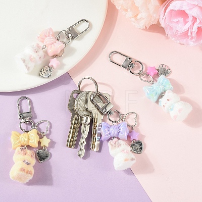 Cat Shape Flocky Opaque Resin & Opaque Acrylic Bowknot & Alloy Heart Charms Pendant Decorations HJEW-YW00343-01-1