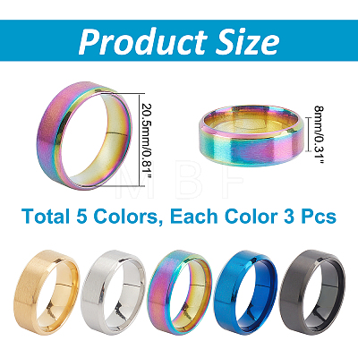 ARRICRAFT 15Pcs 5 Colors 201 Stainless Steel Plain Band Finger Ring for Men Women RJEW-AR0002-02-1
