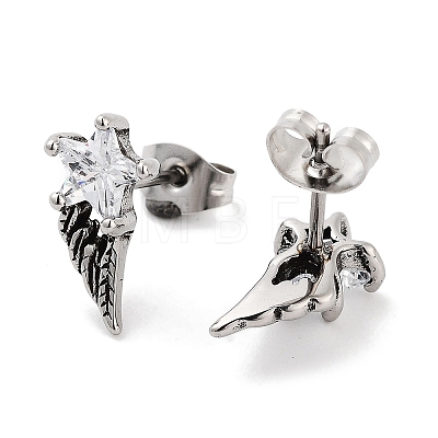 Star Wing 316 Surgical Stainless Steel Pave Clear Cubic Zirconia Stud Earrings for Women Men EJEW-Z050-01B-AS-1