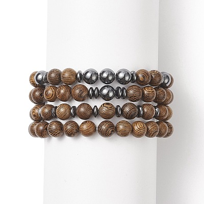 4Pcs 4 Style Natural Wenge Wood & Synthetic Hematite Beaded Stretch Bracelets Set for Women BJEW-JB09156-1