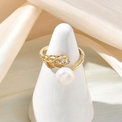 Leaf Brass Micro Pave Cubic Zirconia Cuff Open Rings RJEW-JR01046-1