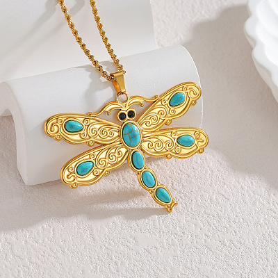Boho 304 Stainless Steel Synthetic Turquoise Pendant Necklaces for Women WG99EC3-06-1