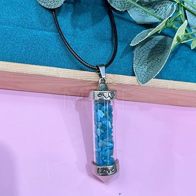 Zinc Alloy with Glass Hexagonal Bottle with Inner Blue Cat Eye Chips Pendant Black PU Leather Cord Necklaces ZW0534-4-1