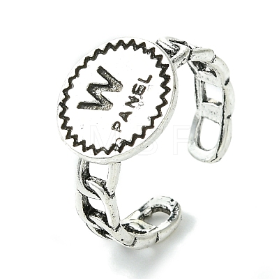 Flat Round with Word W Panel Alloy Open Cuff Finger Ring for Women RJEW-K275-14AS-1