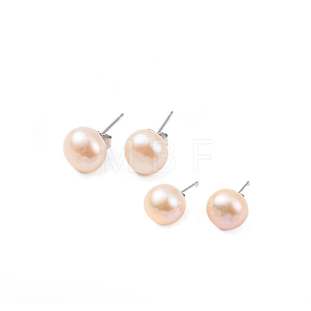 Natural Pearl Round Bead Stud Earrings EJEW-E298-01E-02P-1