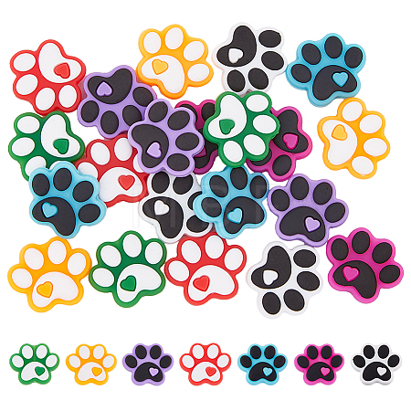 21Pcs 7 Colors Dog Paw Print Food Grade Eco-Friendly Silicone Focal Beads SIL-DC0001-31-1