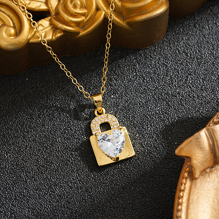 Brass Pave Clear Cubic Zirconia Heart Lock Pendant 201 Stainless Steel Cable Chain Necklaces for Women WGBDC93-02-1