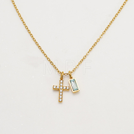 304 Stainless Steel Pave Cubic Zirconia March Birth Stone Religion Cross and Rectangle Pendant Necklaces WG51992-01-1