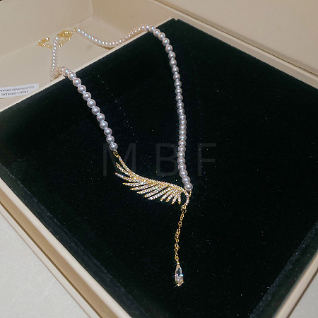 Brass Micro Pave Cubic Zirconia Wing Pendant Imitation Pearl White Round Beaded Necklaces for Women WG2CE1B-01-1
