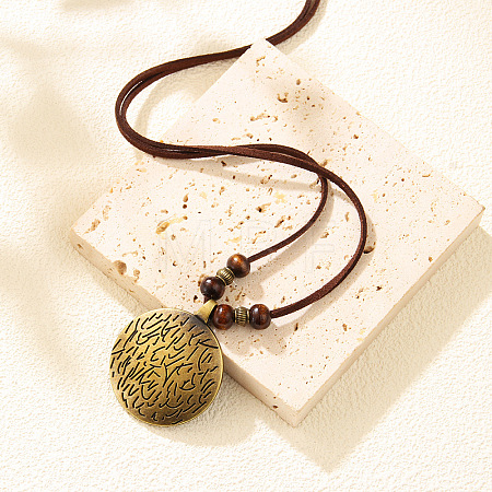 Boho Adjustable Wooden Bead Waxed Cord Vintage Alloy Flat Round Pendant Necklaces WG70D5B-01-1