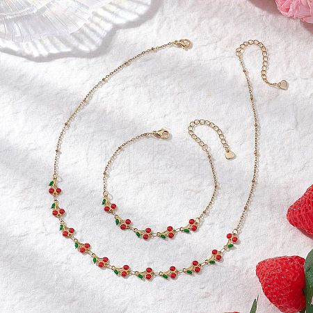 304 Stainless Steel Enamel Cherry Bracelets & Necklaces Sets SJEW-JS01368-1