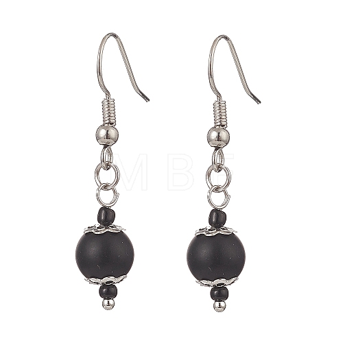 Synthetic Black Stone & Glass Round Beaded Dangle Earrings EJEW-JE05163-1