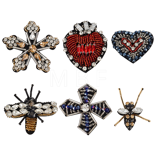 GOMAKERER 6Pcs 6 Style Bees Flower Heart Handicraft Acrylic Beaded Appliques PATC-GO0001-07-1