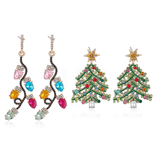 2 Pairs 2 Style Rhinestone Christmas Tree & Leaf Dangle Stud Earrings EJEW-AN0001-99-1