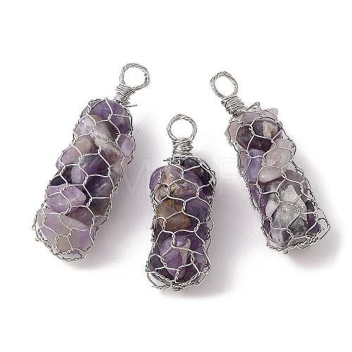 Rack Plating Copper Wire Wrapped Natural Amethyst Chip Big Pendants G-C130-01P-02-1