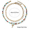 304 Stainless Steel Cross Pendant Paux Pearl & Glass & Mixed Stone Beaded Double Layer Necklaces for Women WU1738-2-4