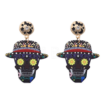 Halloween Printed Acrylic Skull with Hat Pendant Dangle Earrings for Women WG1141F-01-1