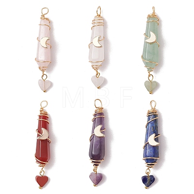 6Pcs 6 Styles Natural Carnelian & Green Aventurine & Rose Quartz & Quartz Crystal & Lapis Lazuli & Amethyst Copper Wire Wrapped Faceted Bullet Heart Pendants PALLOY-JF03482-03-1