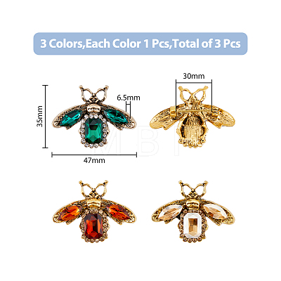 3Pcs 3 Colors Rhinestone Bee Brooch Pin JEWB-FH0001-28-1