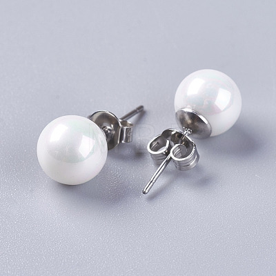 Electroplate Shell Pearl Ball Stud Earrings EJEW-I209-04-8mm-1