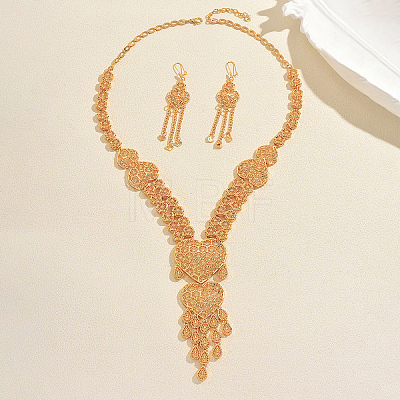 Luxury Vintage Alloy Heart Hollow Tassel Earrings & Necklaces Set for Women Wedding Party Dress HJ0822-1
