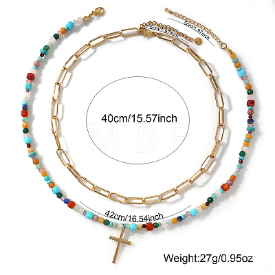 304 Stainless Steel Cross Pendant Paux Pearl & Glass & Mixed Stone Beaded Double Layer Necklaces for Women WU1738-2-1