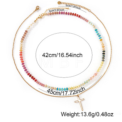 Stainless Steel Religion Cross Pendant Colorful Natural Gemstone Rondelle Beaded Double Layer Necklaces for Women CO5137-1