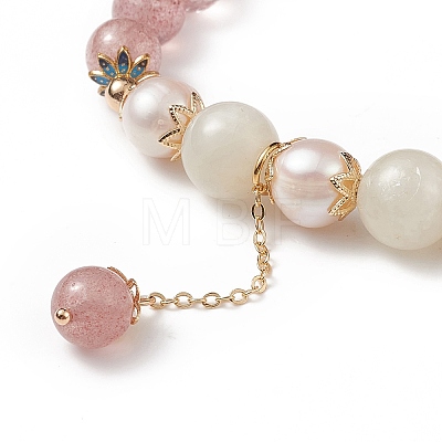 Natural Strawberry Quartz & White Moonstone & Pearl Beaded Stretch Bracelet with Tassel Charms for Women BJEW-JB09009-01-1