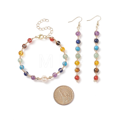Natural & Synthetic Mixed Stone & Pearl Beaded Dangle Earrings & Bracelet SJEW-JS01261-1