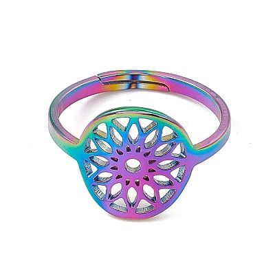 Ion Plating(IP) 201 Stainless Steel Flower Adjustable Ring for Women RJEW-C045-01M-1
