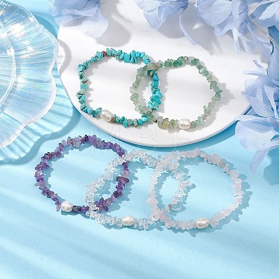 5Pcs 5 Styles Natural Rose Quartz & Quartz Crystal & Howlite & Green Aventurine & Amethyst Chip Beaded Stretch Bracelets for Women BJEW-JB10935-1