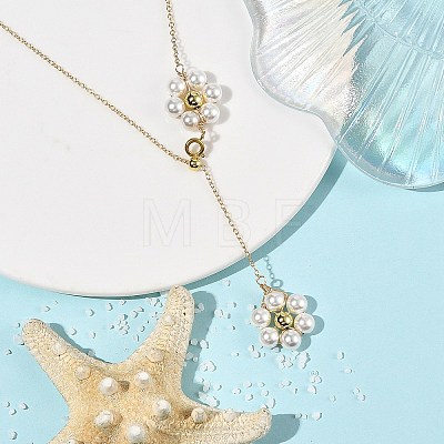 Adjustable Brass Shell Pearl Beaded Flower Pendant Lariat Necklaces NJEW-JN06496-1