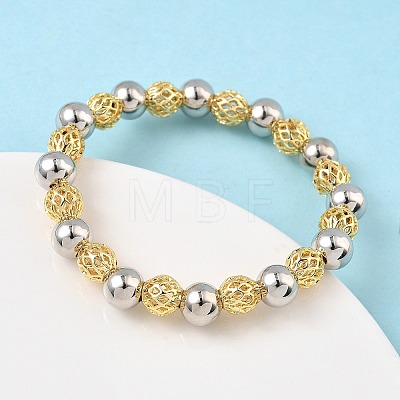 Brass Round Beaded Stretch Bracelets for Women BJEW-B148-04B-GP-1
