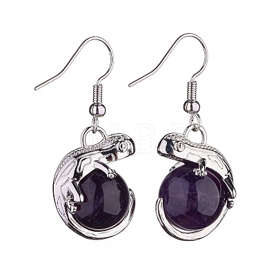 Natural Amethyst Chameleon Dangle Earrings with Crystal Rhinestone EJEW-A092-10P-07-1