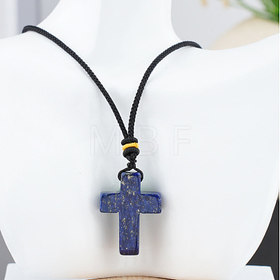 Natural Lapis Lazuli Cross Pendant Black Cotton Cord Necklaces FS-WG3ED65-03-1
