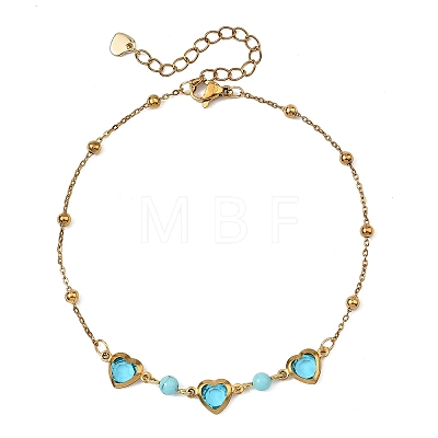 Round Natural Mixed Stone & Stainless Steel Glass Heart Link Anklets for Women AJEW-AN00804-1
