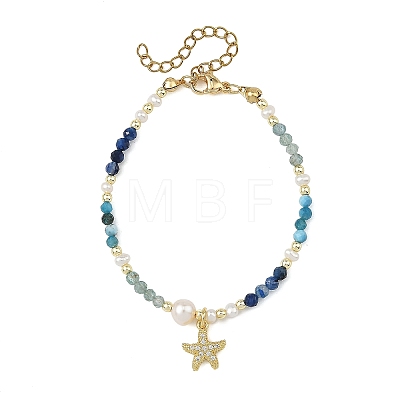 Gradient Natural Apatite & Kyanite Faceted Round Beaded Bracelets with Natural Pearl BJEW-JB14399-02-1