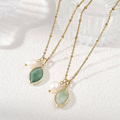 Rice Natural Pearl & Natural Green Fluorite Faceted Horse Eye Pendant 304 Stainless Steel Satellite Chain Necklaces for Women NJEW-JN06261-01-1